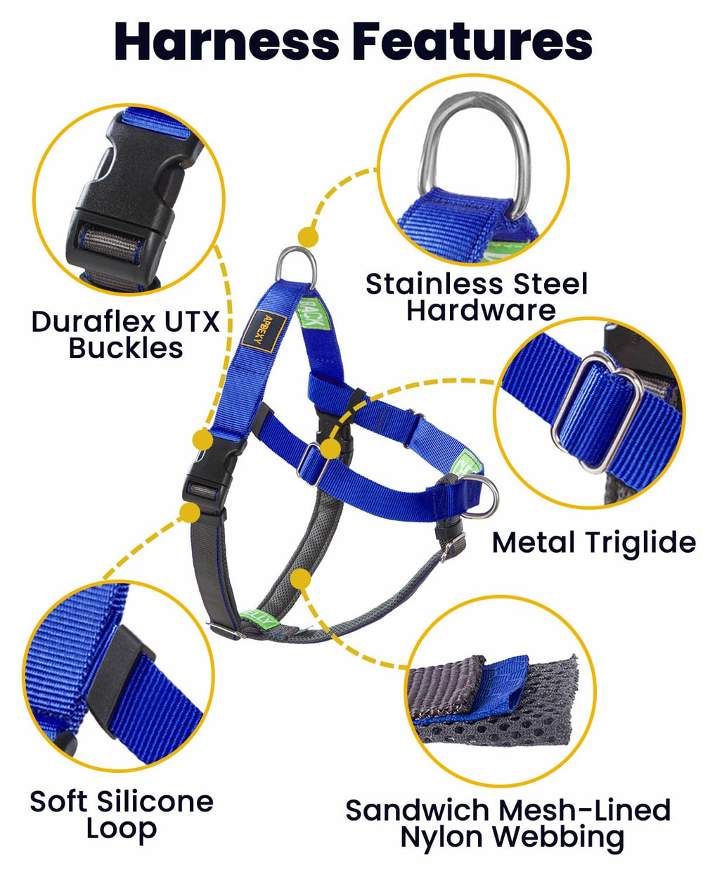 APDEXY Freedom No Pull Harness back clip blue XXL enhances visibility and comfort
