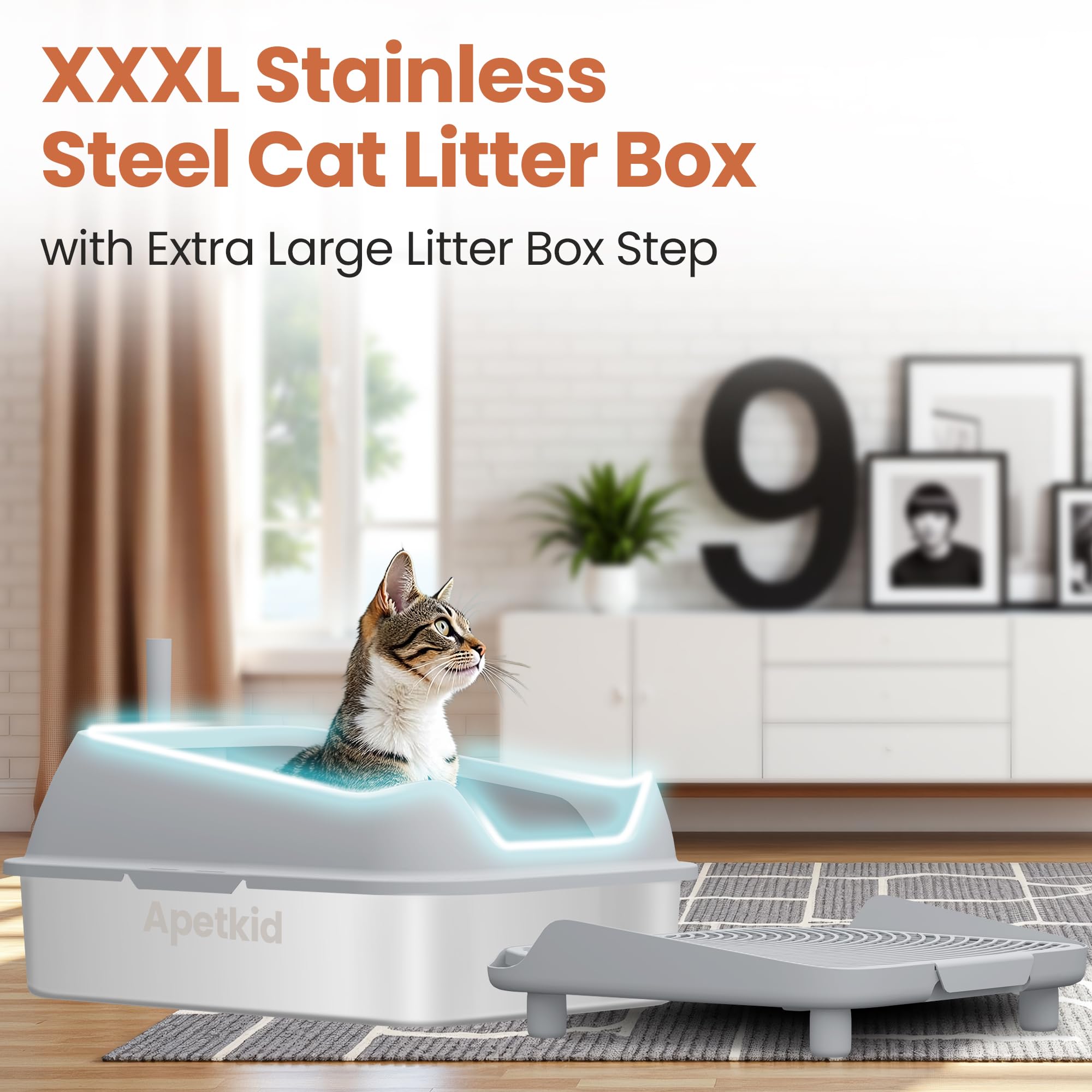 Apetkid XXXL stainless steel litter box bottom view shows non-stick surface.