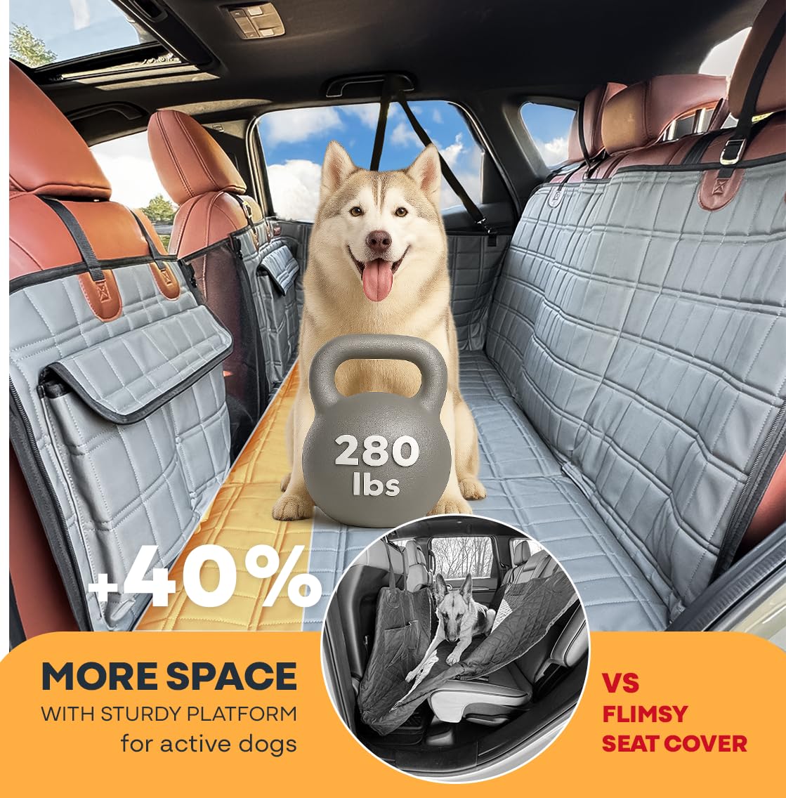 APetsPlanet dog seat cover waterproof material shields interior from spills and drool.