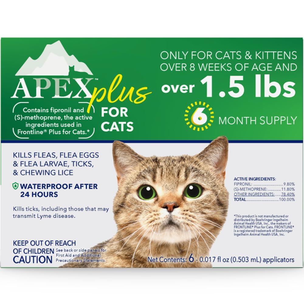 Apex Plus cat flea treatment bottle shows 30-day protection for cats.