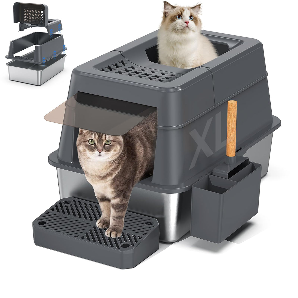 Aphyxen stainless steel litter box lid demonstrates a durable, odor-resistant design.