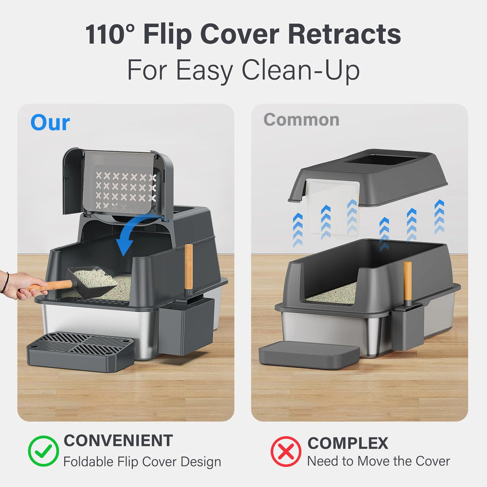 Aphyxen XL enclosed cat litter box top-entry view shows a spacious interior for large cats.