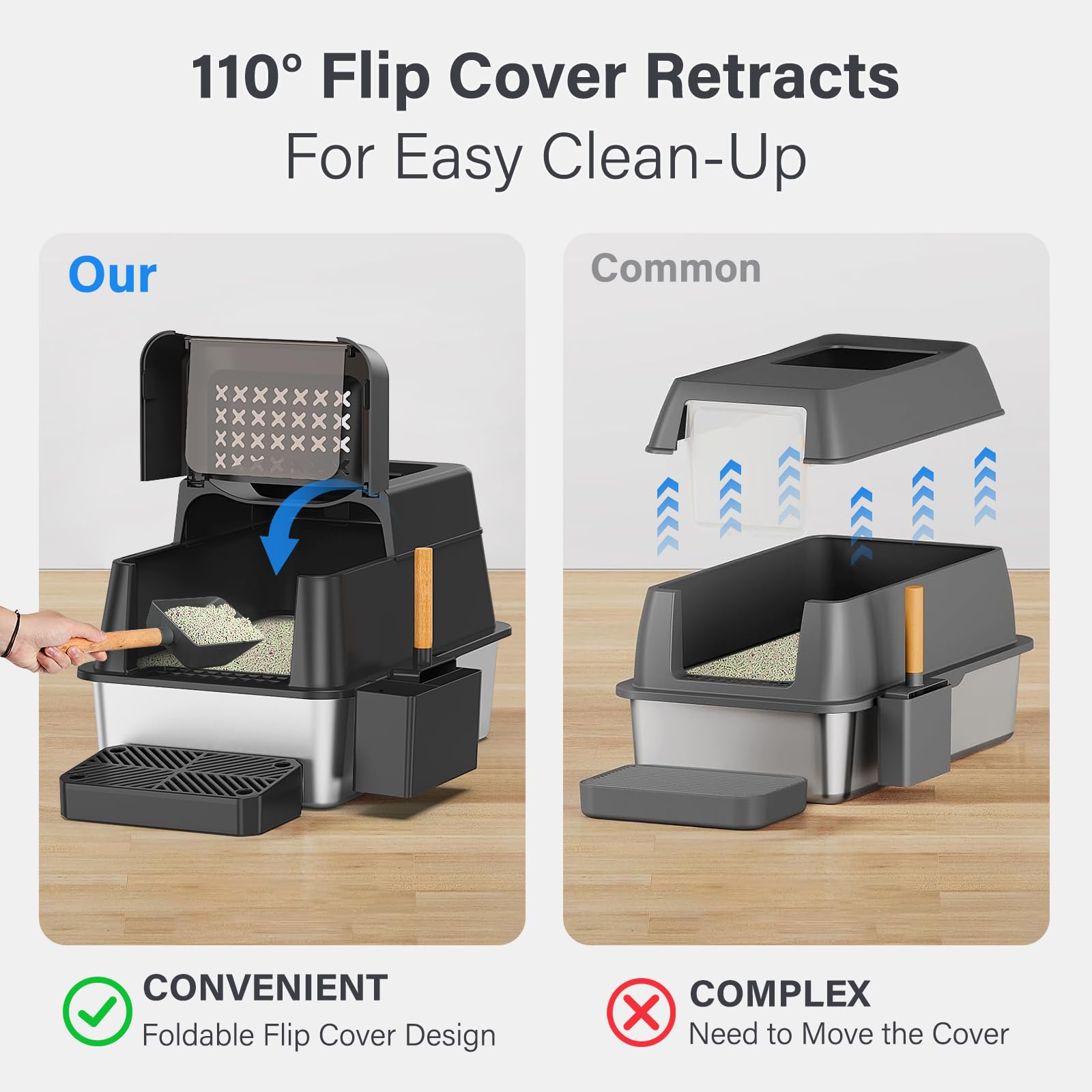 Aphyxen XL front-entry-litter-box offers easy access for scooping and privacy.