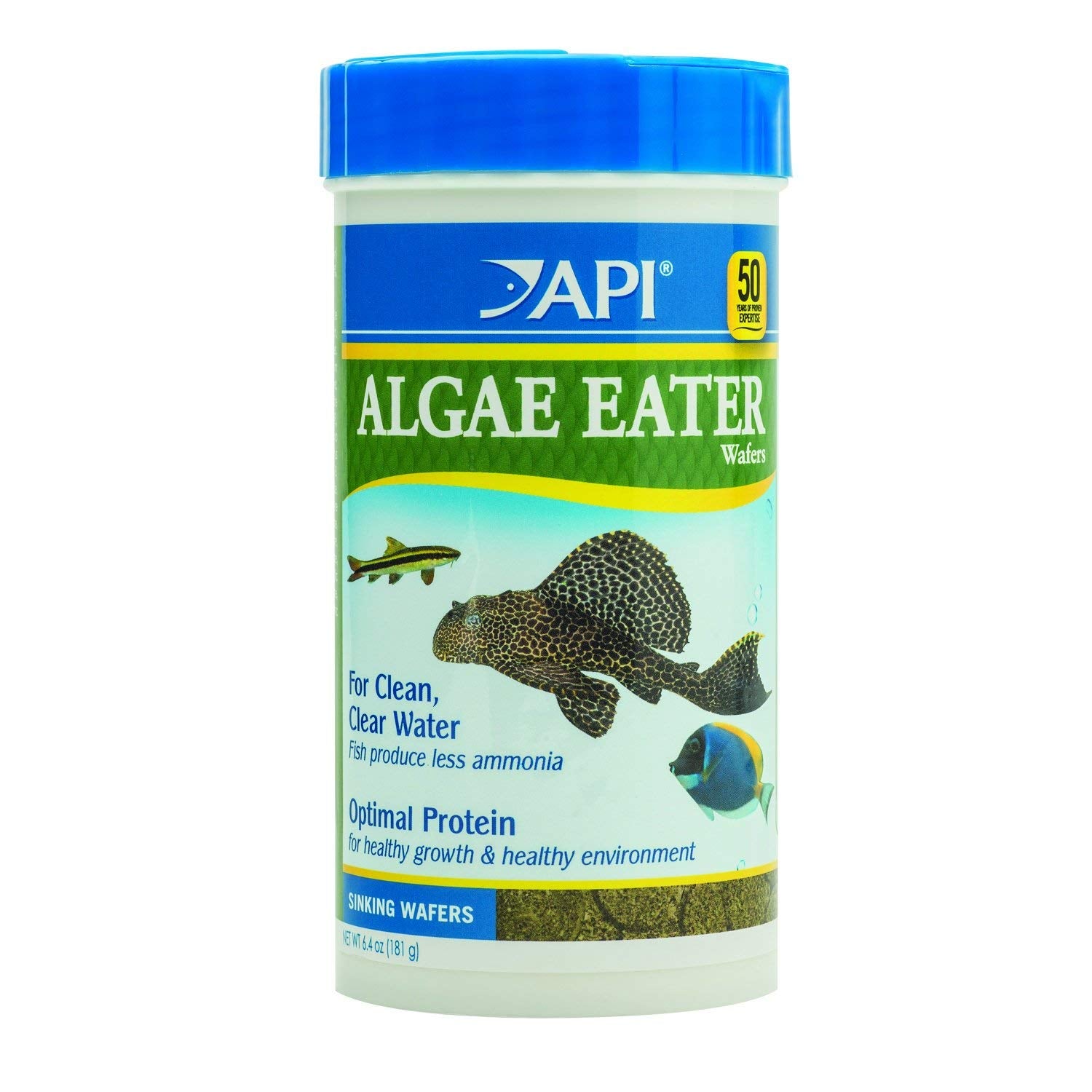 API Algae Eater Wafers container showing complete balanced diet for algae eaters.