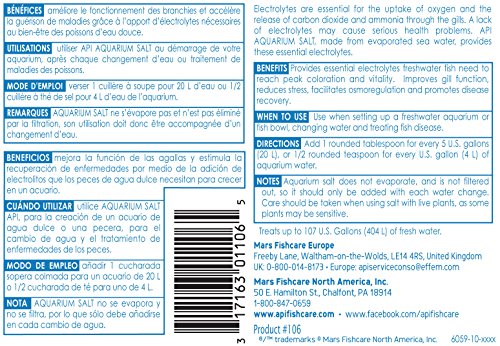 API Aquarium Salt box side explains electrolytes for improved gill function in tanks.