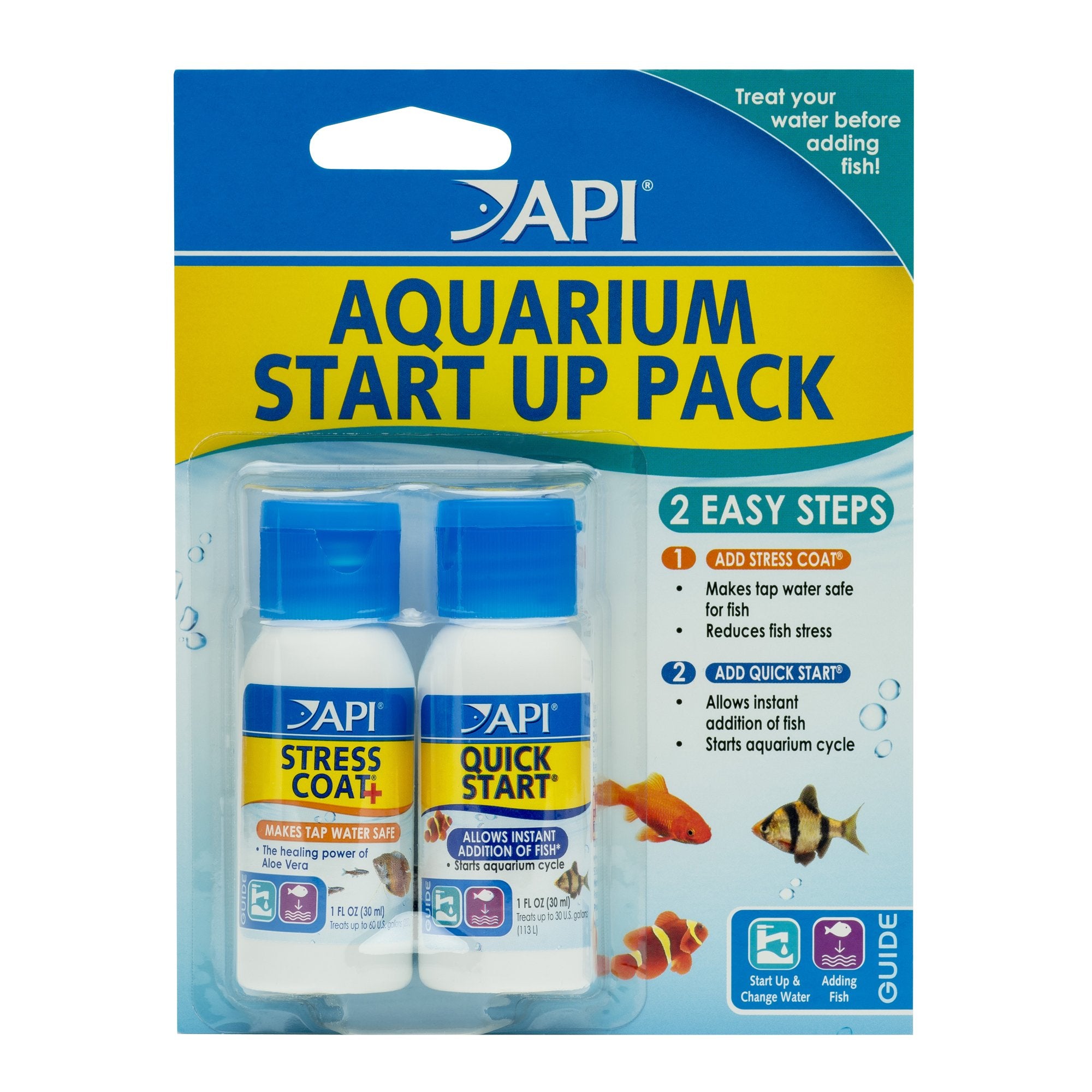 API Aquarium Start-Up Pack two 1.25-ounce bottles side by side conditioning tap water safely.