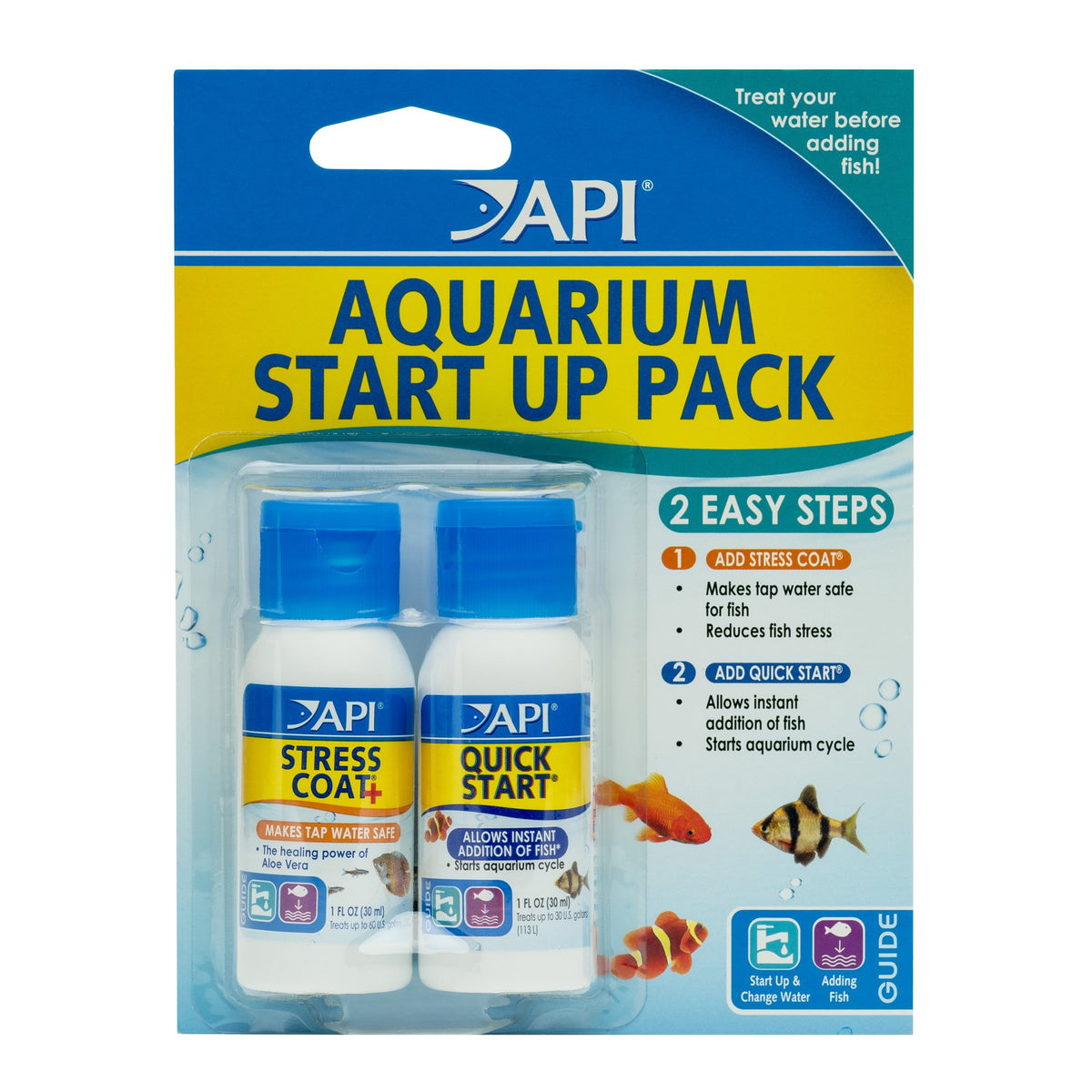 API Aquarium Start-Up Pack two 1.25-ounce bottles side by side conditioning tap water safely.