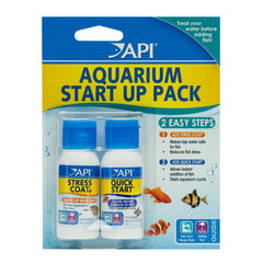 API Aquarium Start-Up Pack two 1.25-ounce bottles side by side conditioning tap water safely.