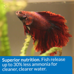 API Betta Food Ammonia Reduction illustrates cleaner water with less toxic ammonia buildup.