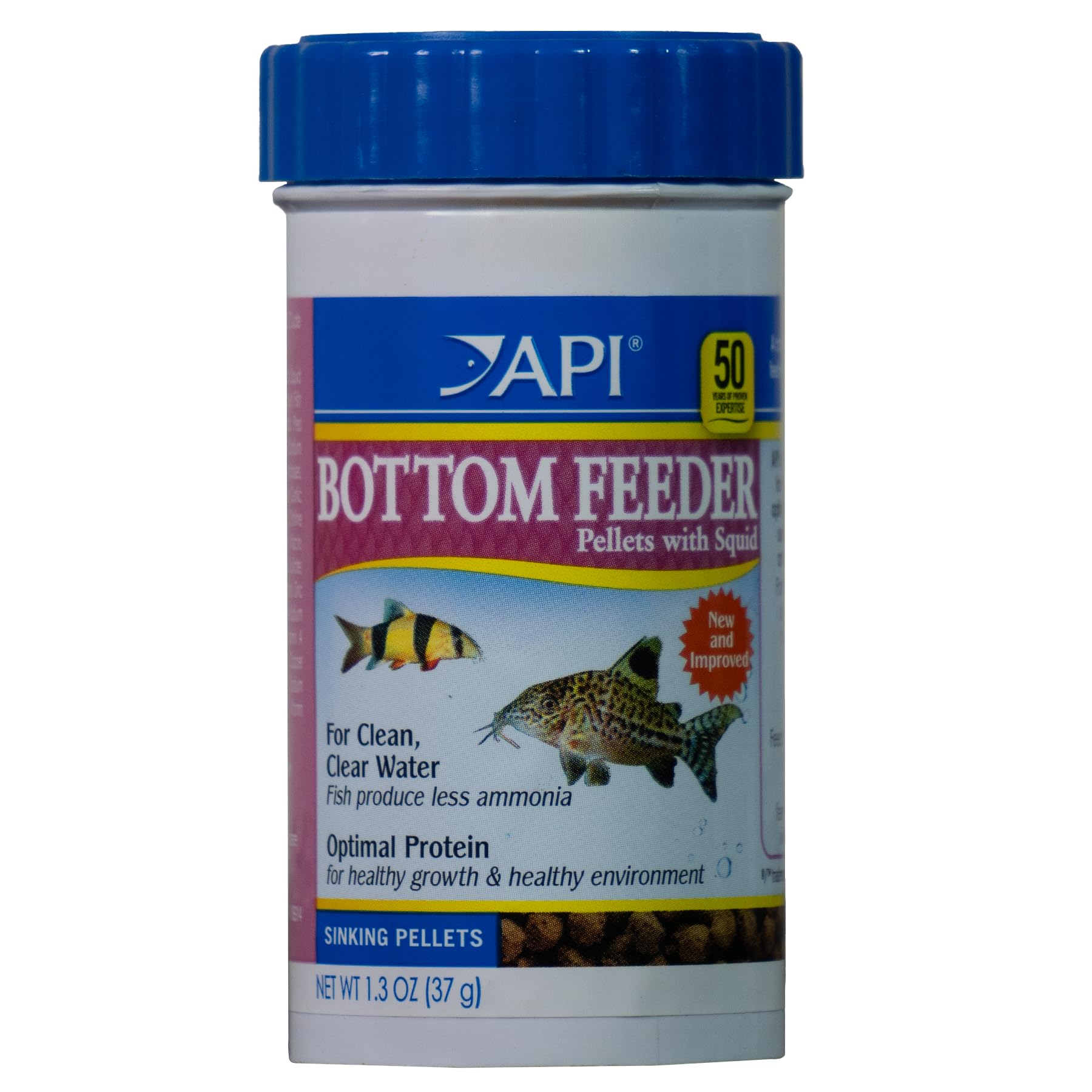 API Bottom Feeder Pellets with Squid container; compact packaging for precise feeding.