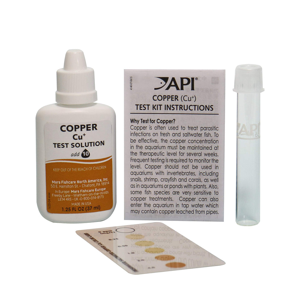 API Copper Test Kit contents close-up highlights the essential tools included.