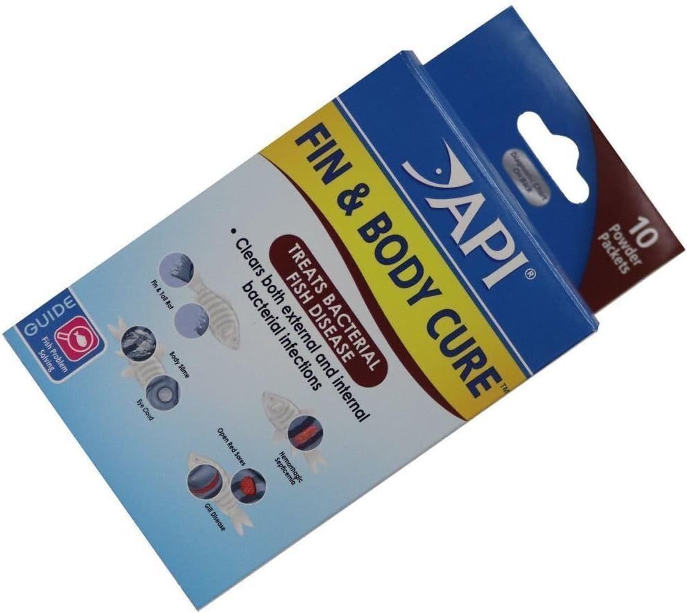 Freshwater aquarium with API Fin & Body Cure in use for infection management.