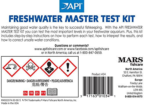 API Freshwater Master Test Kit bottles lineup for complete parameter testing.