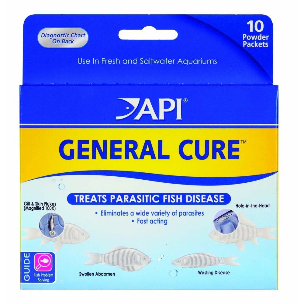 API General Cure dissolving in water; quick-action treatment for fish infections.