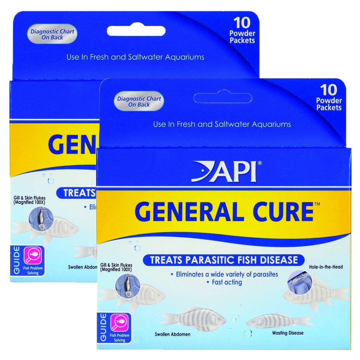 API General Cure powder packaging; convenient aquarium disease treatment.