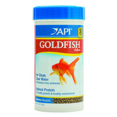 API Goldfish Pellets 7-Ounce Container close-up showing nutritious sinking pellets for goldfish.