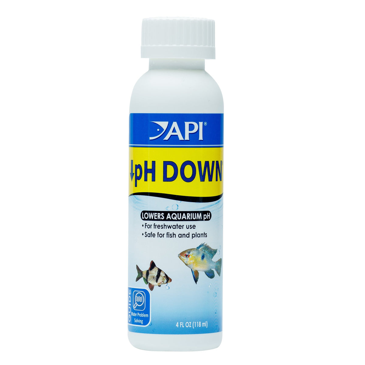 API pH DOWN bottle closeup for safe freshwater pH adjustment.