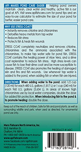 API POND STRESS COAT bottle pour demonstrates safe use during water changes