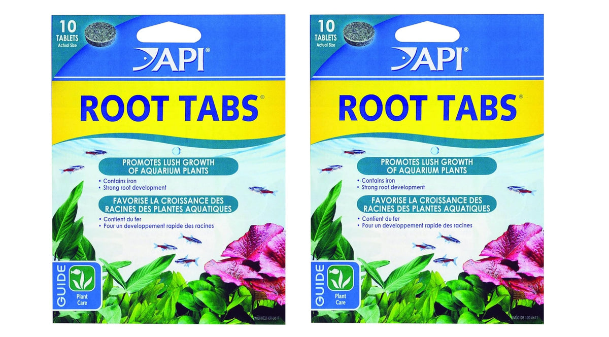API Root Tabs packaging shows a 2-pack box for convenient aquarium plant nutrition.