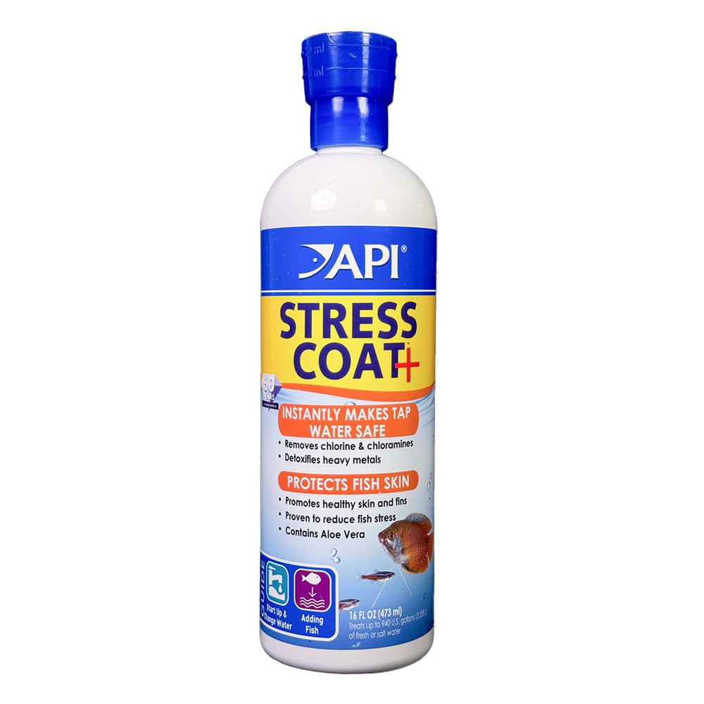 API Stress Coat bottle front promotes safer water changes for fish wellbeing