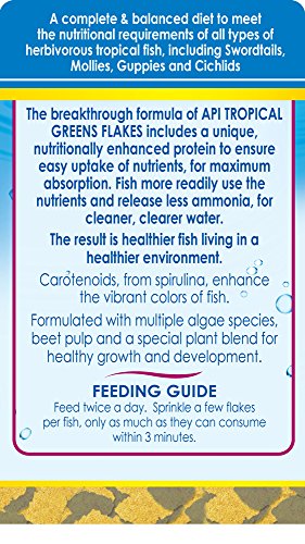 API Tropical Greens Flakes ingredients highlight spirulina and beet pulp for vibrant color.
