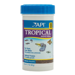 API Tropical Mini Pellets bottle shows sinking formula for small tropical fish