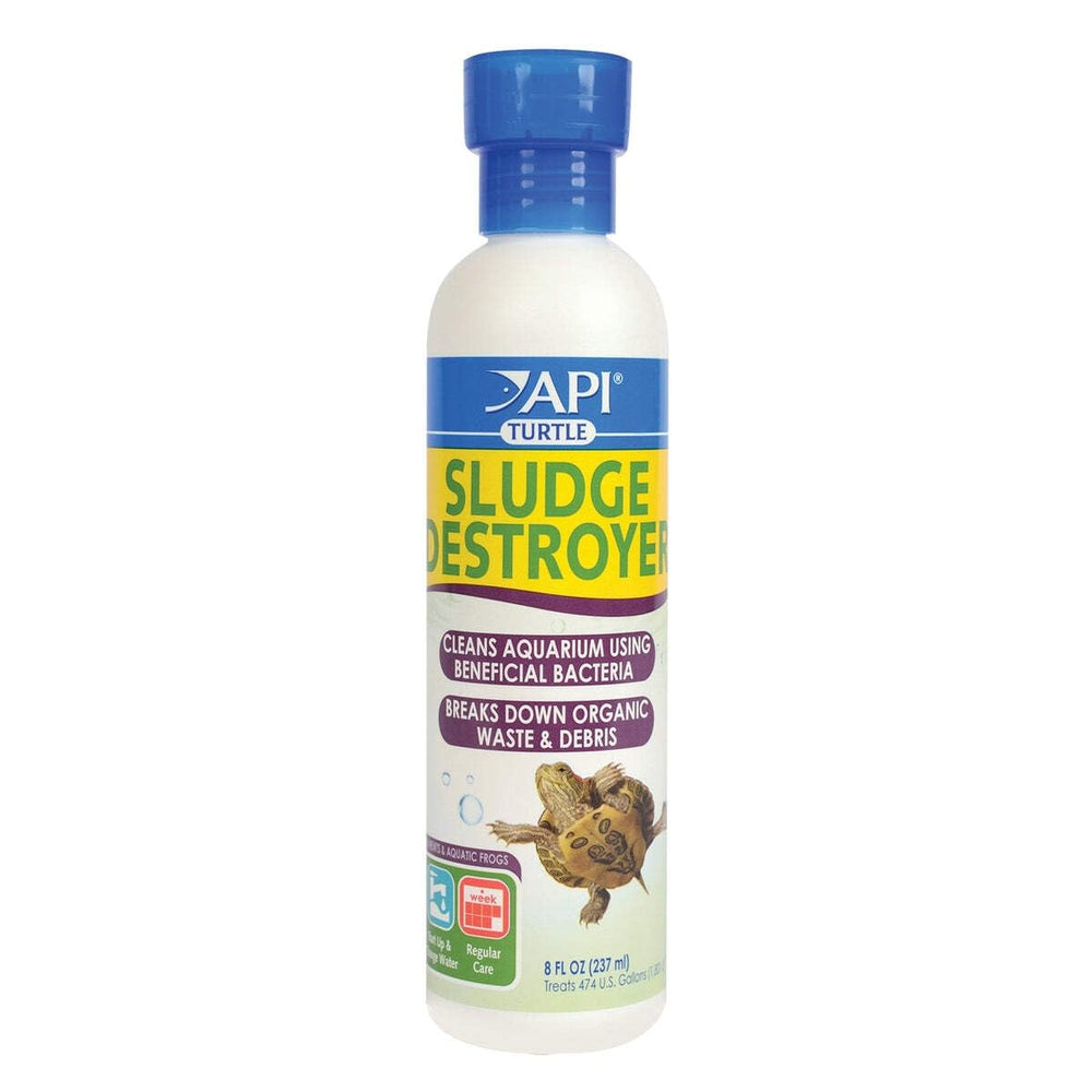 API Turtle Sludge Destroyer bottle front shows easy dosing for cleaner water.