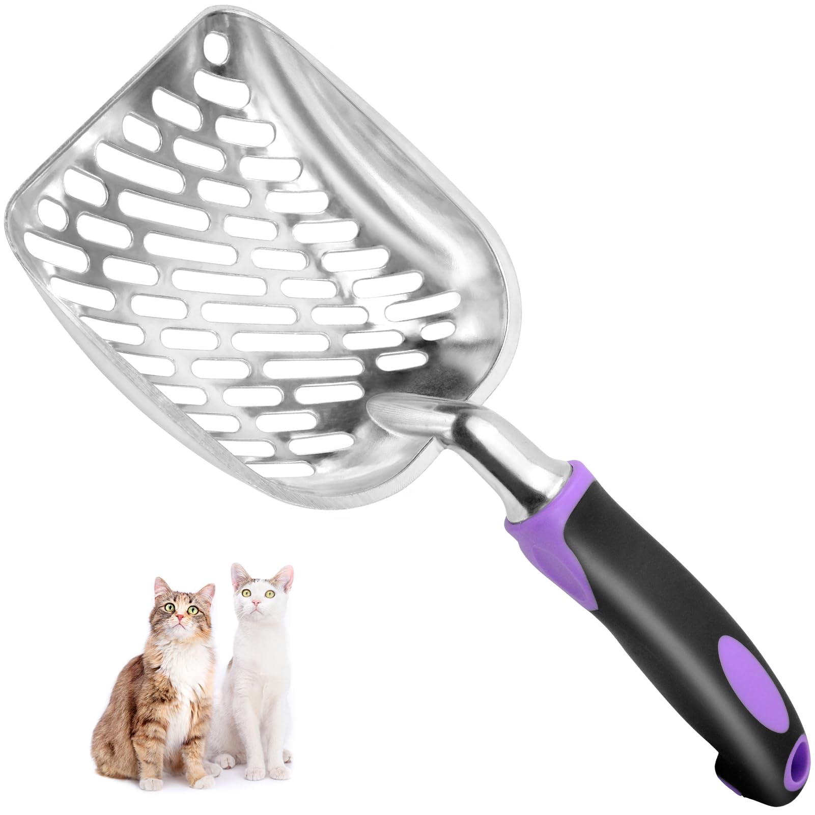 Apidgrowth cat scoop long-handle purple demonstrating easy lifting and thorough cleaning