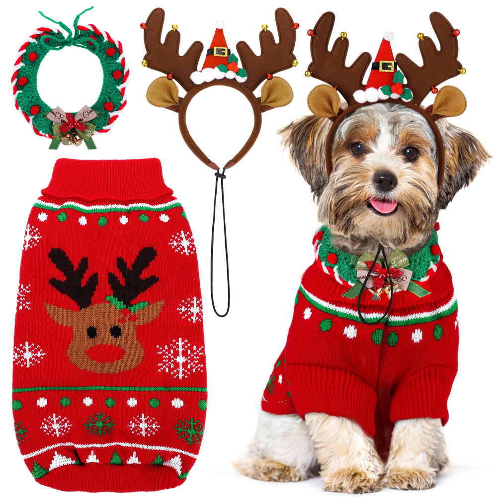 Apoway dog Christmas sweater with red pattern keeps pets warm during winter walks