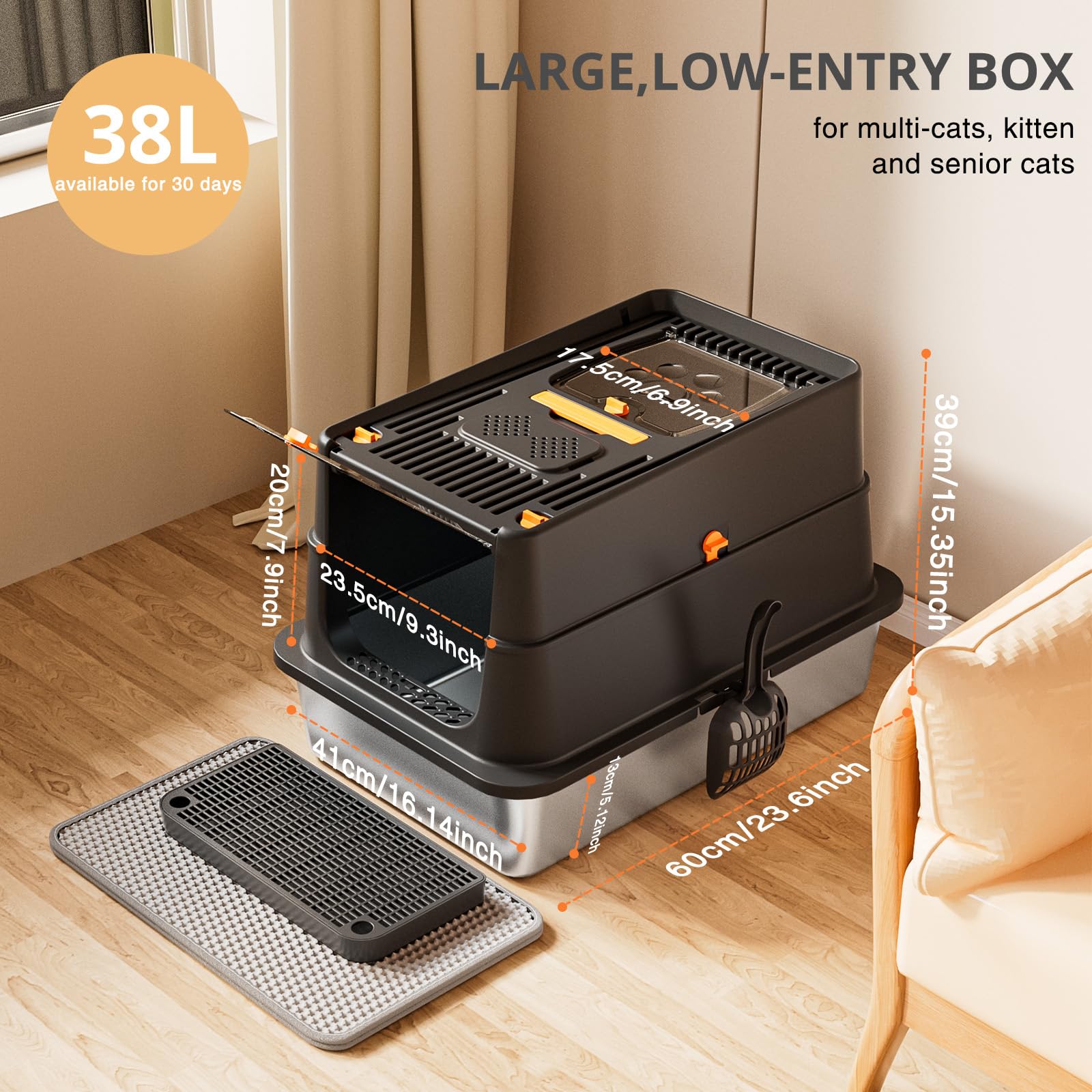 APPKER stainless-steel cat litter box 6-inch deep pan reduces scooping