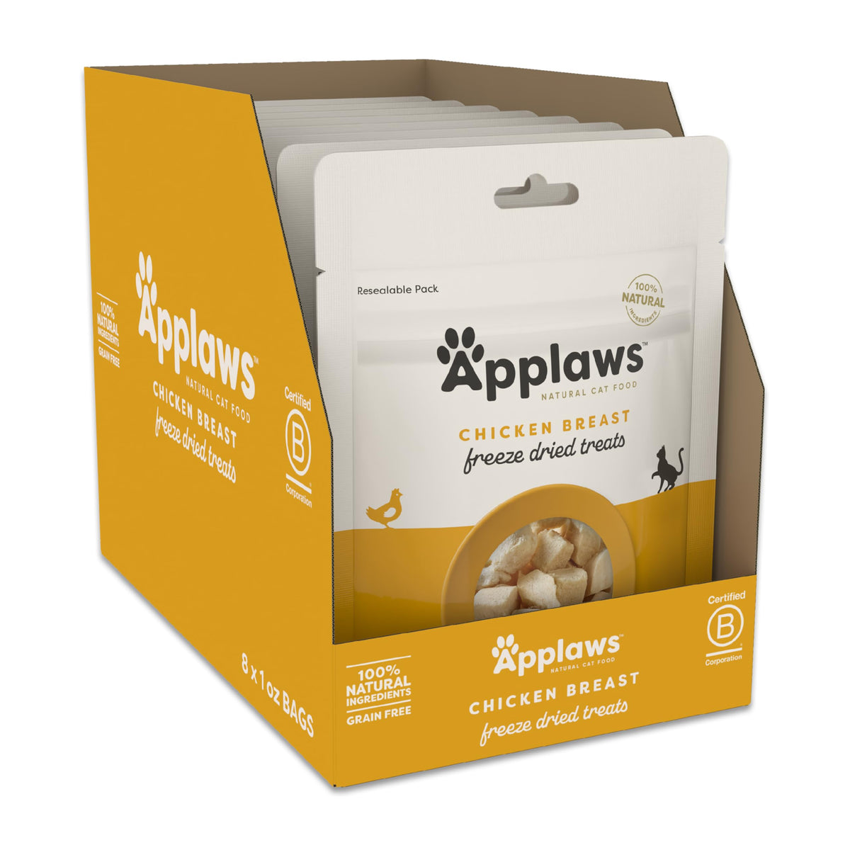 Applaws chicken freeze-dried cat treats in bag showing single-ingredient protein