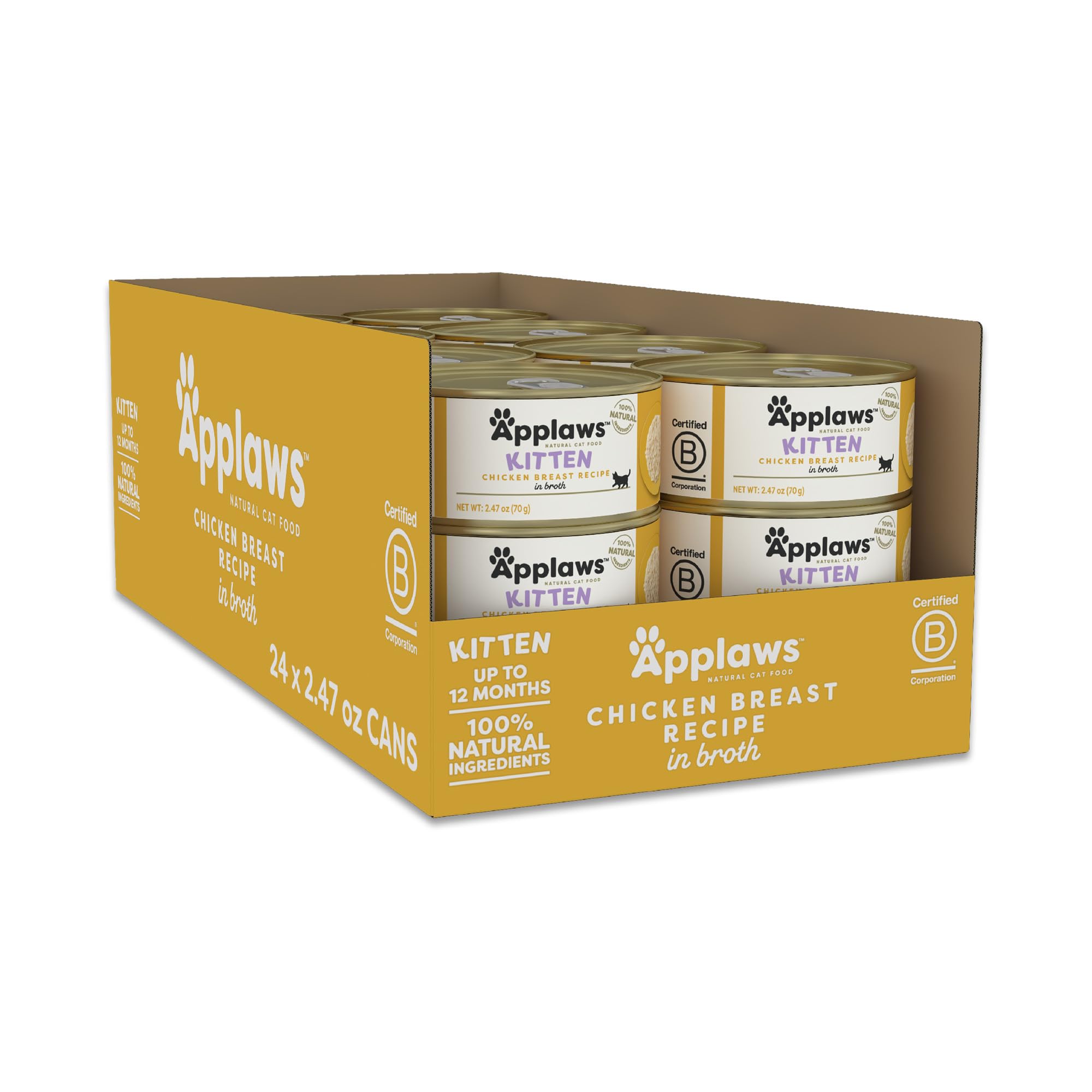 Applaws kitten wet food broth cans display protein-packed meal.