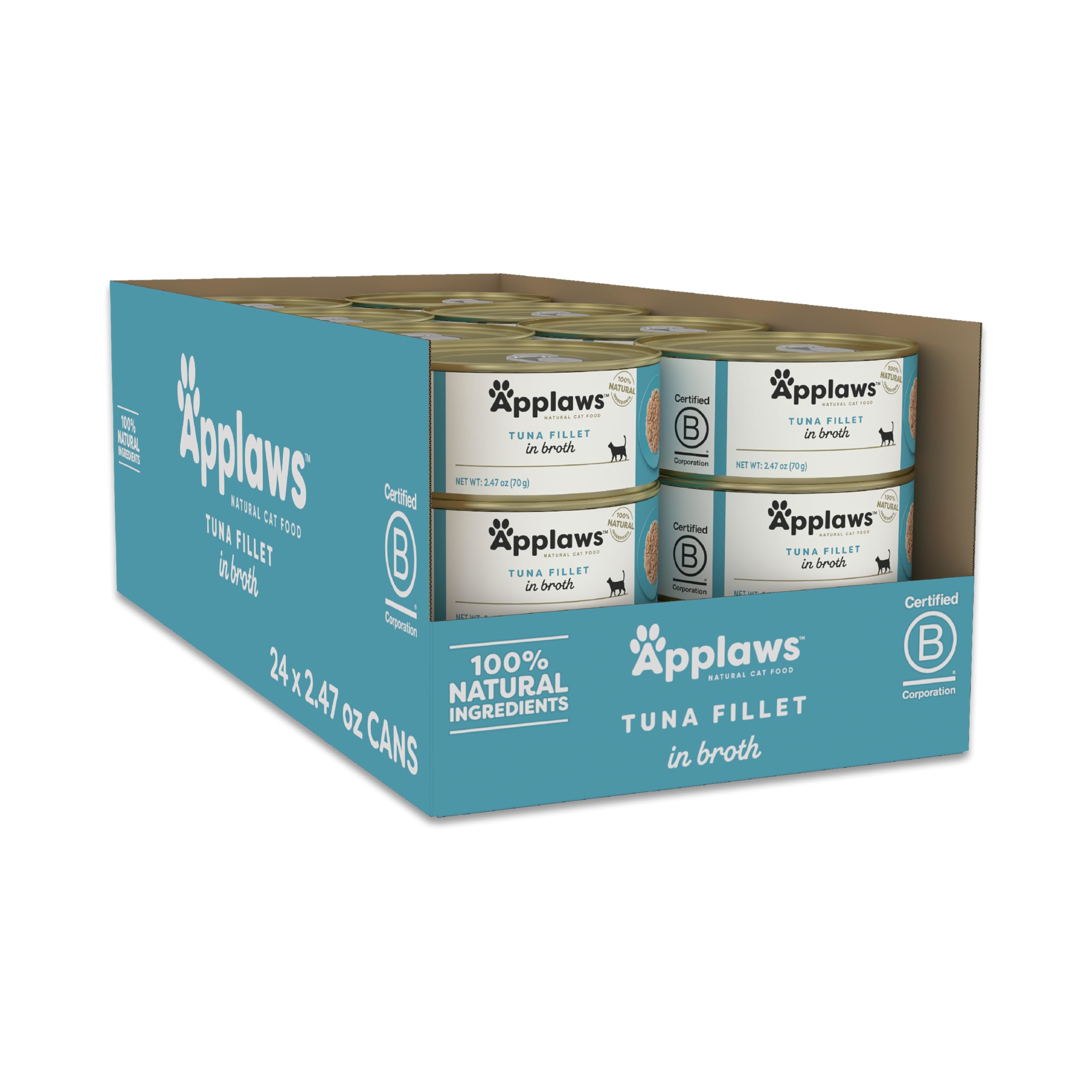 Applaws natural cat food 24-pack packaging shows simple ingredients for clean, protein-packed meals.