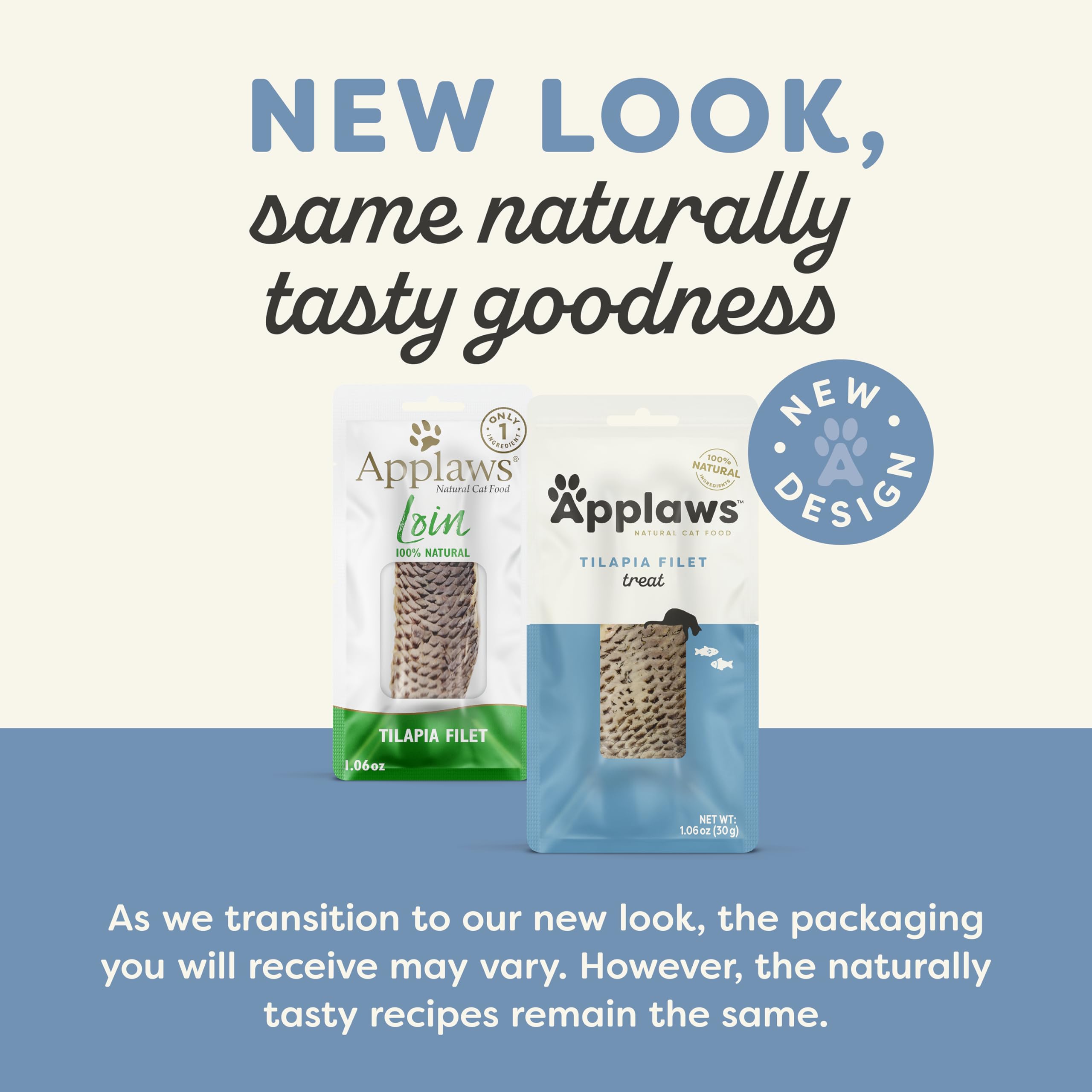 Applaws natural tilapia loin treat closeup highlighting grain-free protein option.