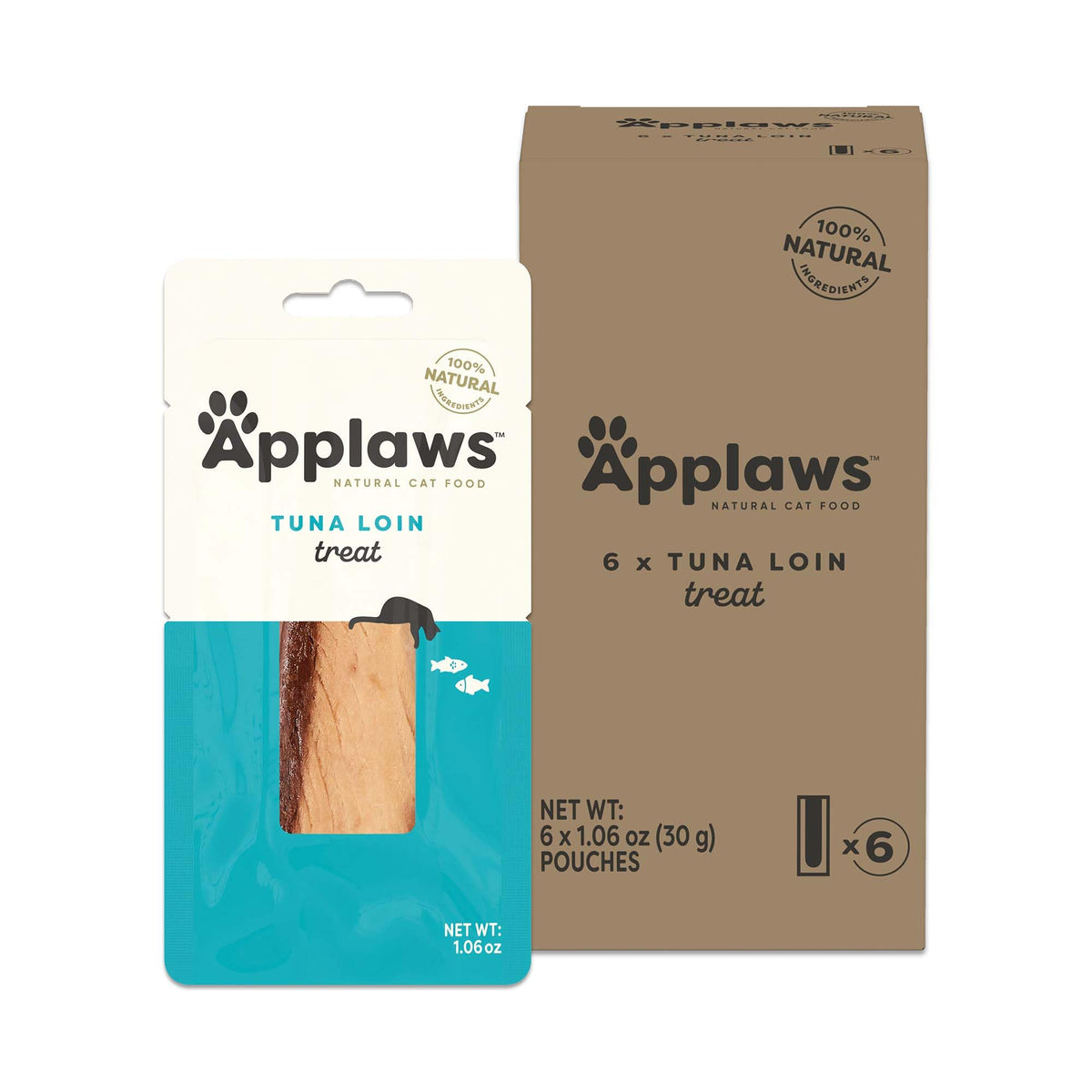 Applaws natural tuna loin treat pack shows a single-ingredient protein reward for cats.