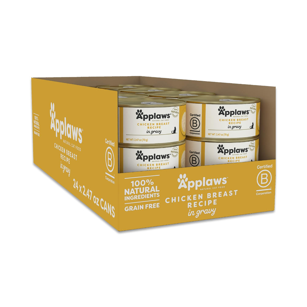 Applaws natural wet cat food chicken breast in gravy can — high-protein meal for your feline.