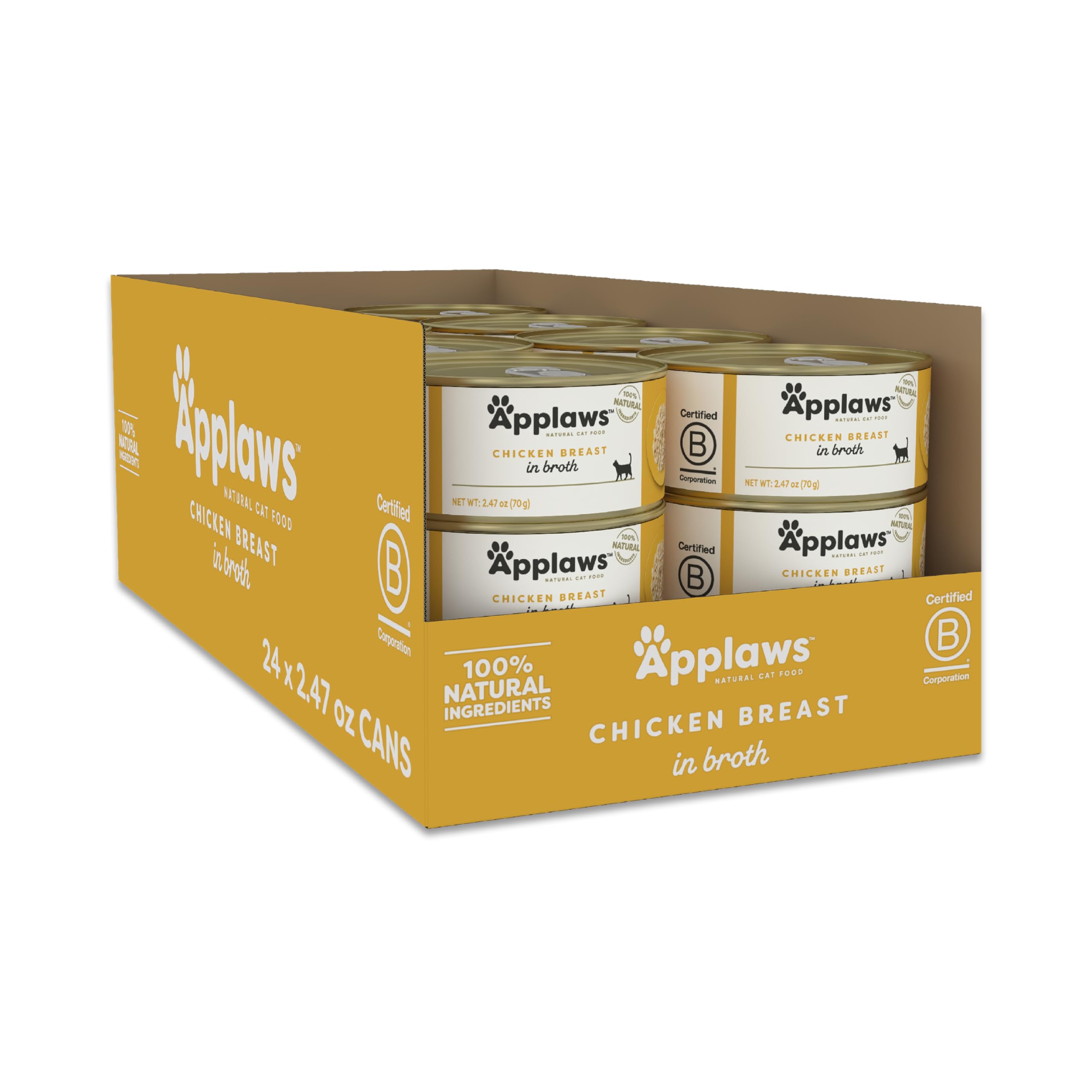 Applaws natural wet cat food packaging view highlights transparent ingredients for mindful feeding.