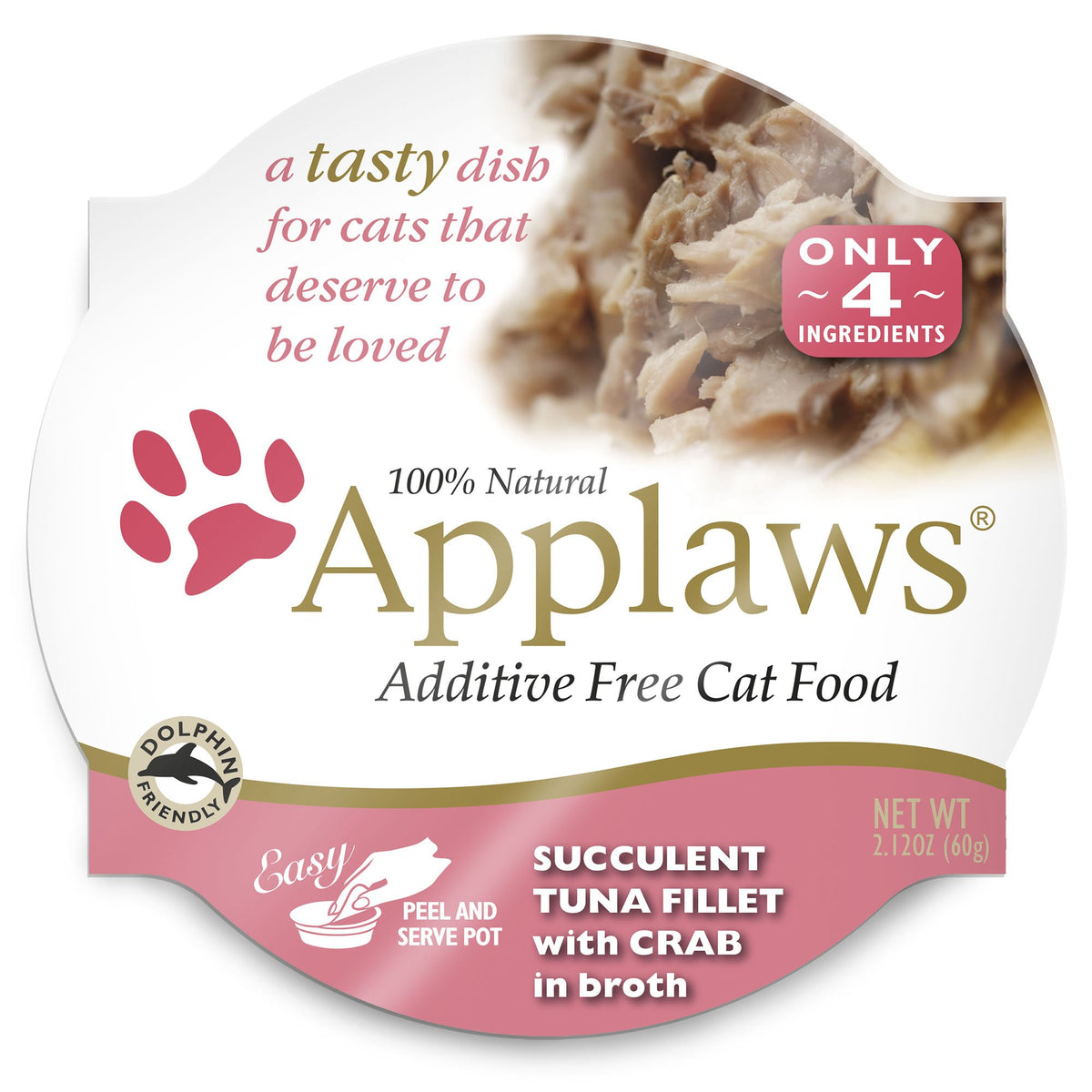 Applaws succulent tuna fillet with crab cat food cup open for a savory meal moment.