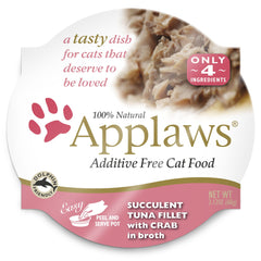 Applaws succulent tuna fillet with crab cat food cup open for a savory meal moment.