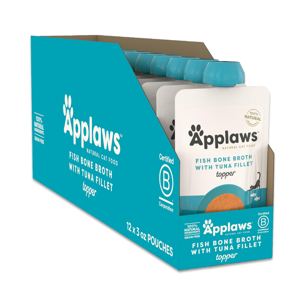 Applaws tuna fillet bone broth topper pouches close-up, convenient resealable packaging for easy serving.