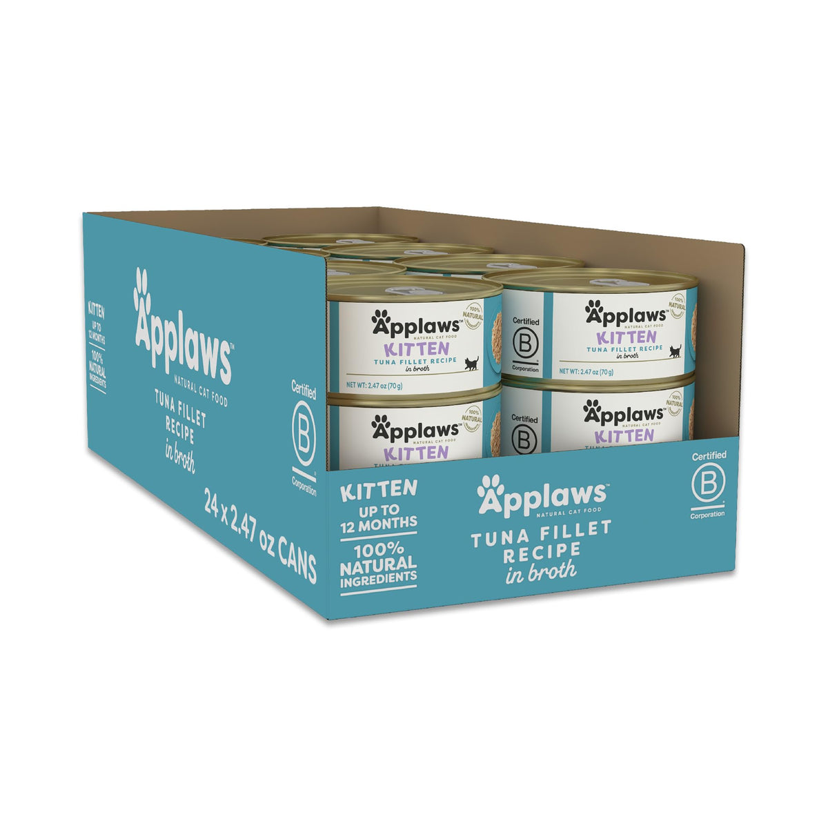 Applaws tuna-fillet in broth can closeup showing premium protein for kittens.