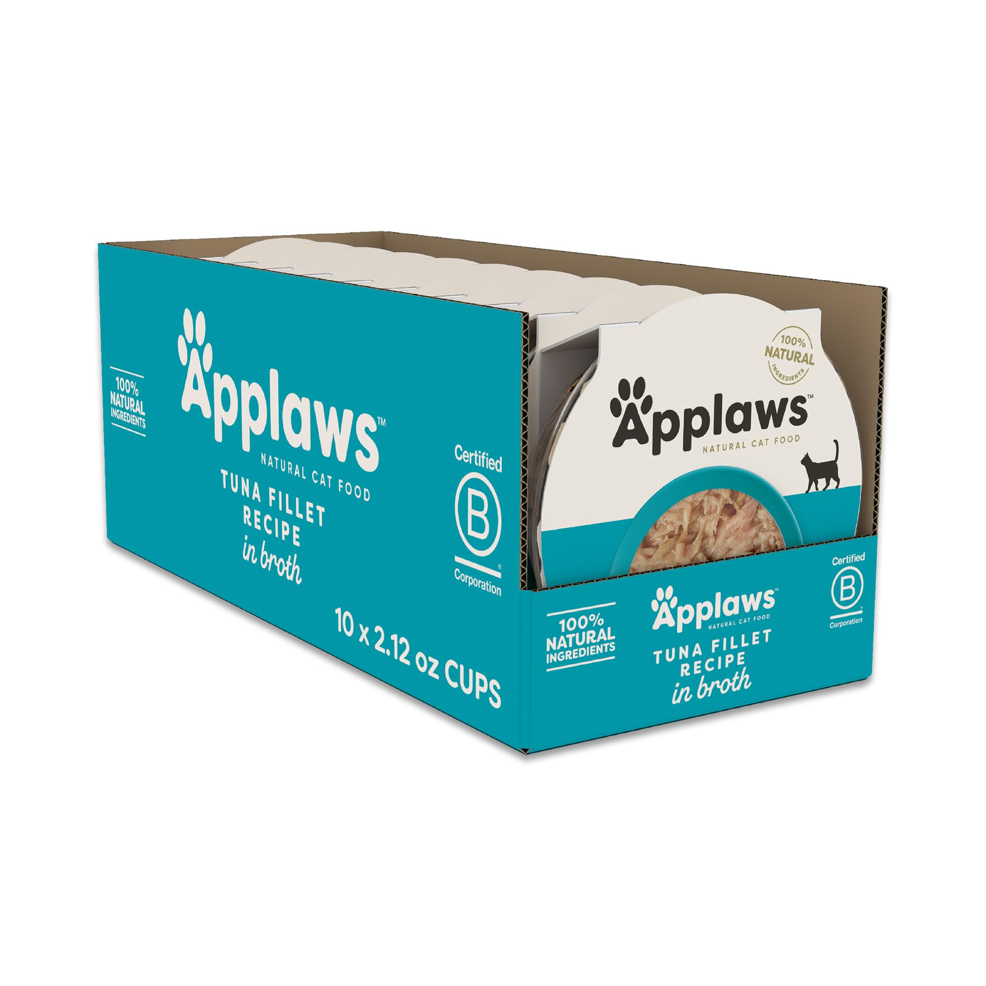 Applaws tuna fillet in broth cups close-up, highlighting natural ingredients and easy-open convenience for quick meals