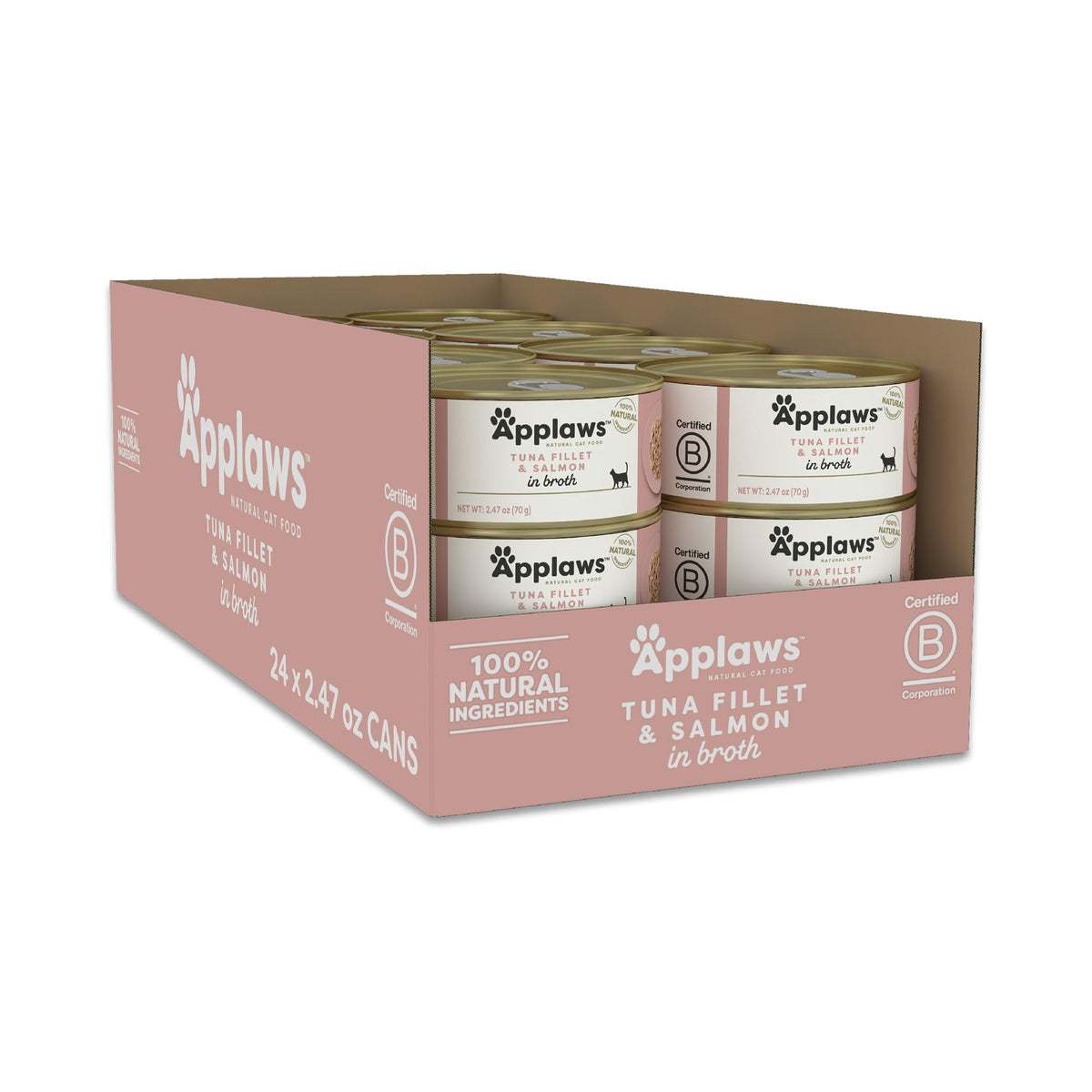 Applaws tuna fillet with salmon in broth can showing premium protein for active cats.