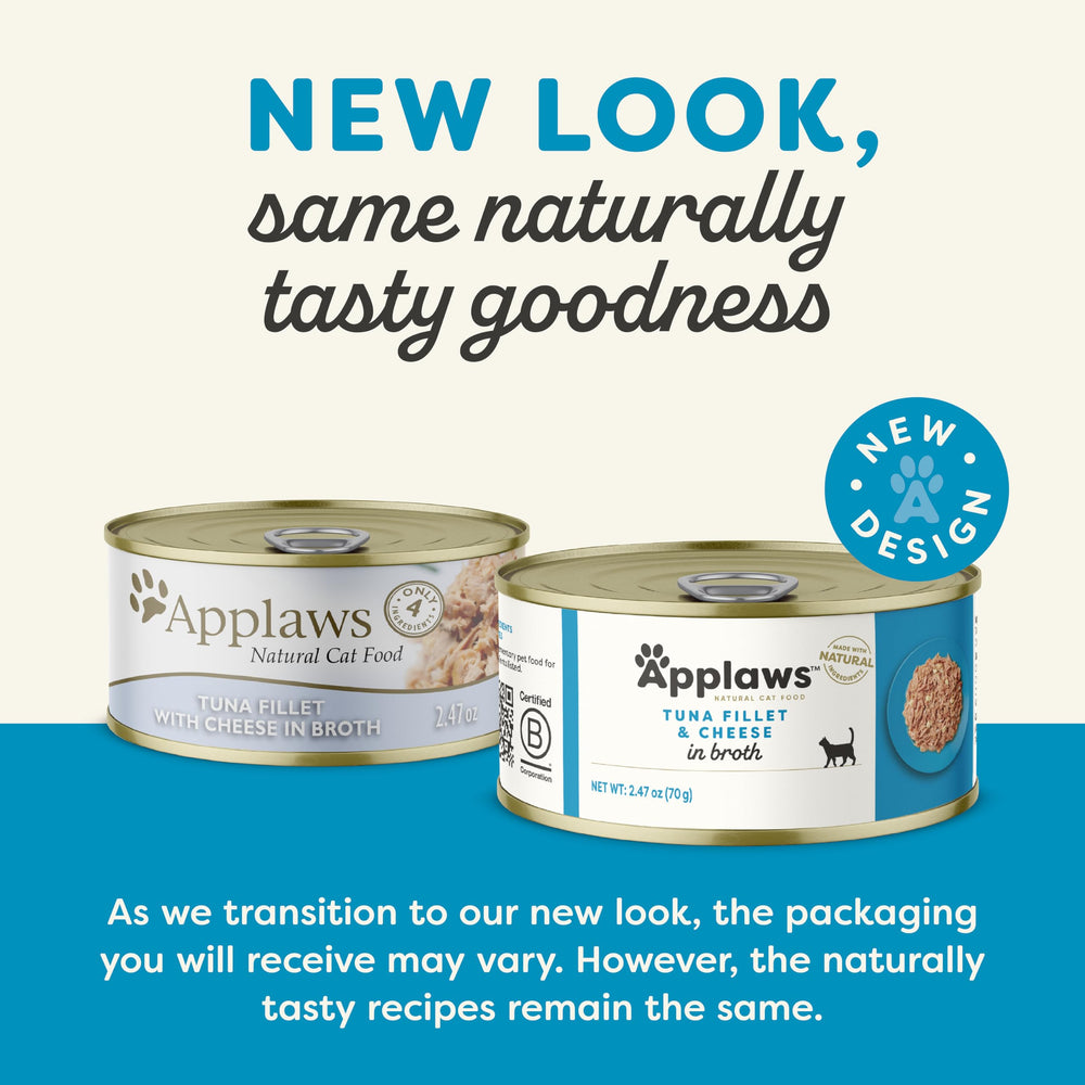 Applaws tuna fillets with chicken in broth; natural ingredients for appealing textures.