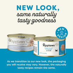 Applaws tuna fillets with chicken in broth; natural ingredients for appealing textures.