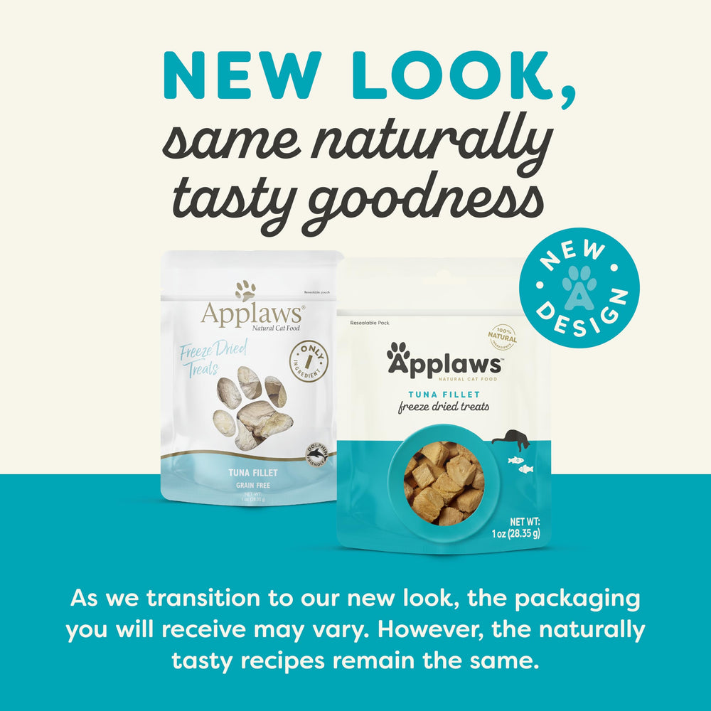 Applaws tuna freeze-dried cat treats in bowl highlighting grain-free nutrition.