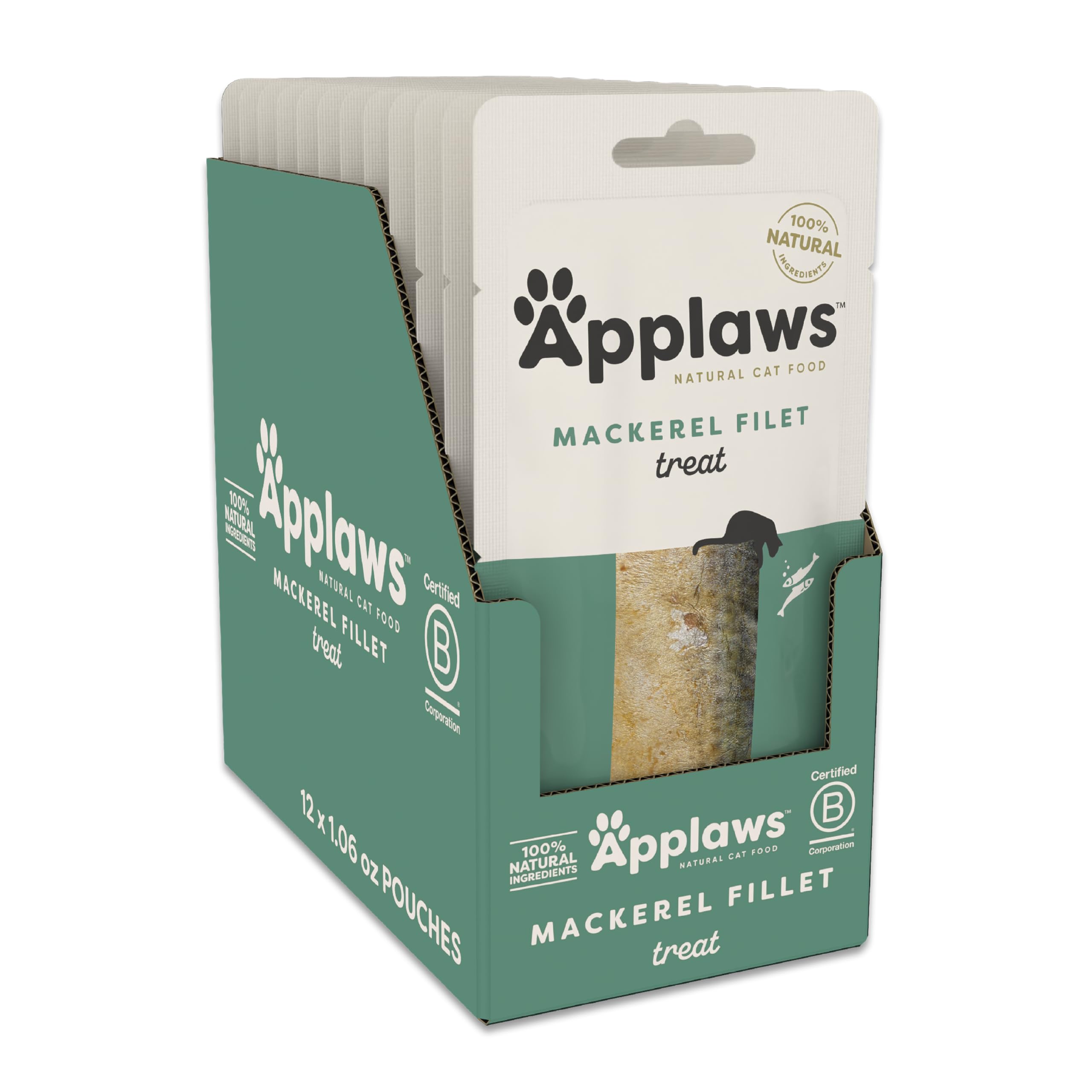 Applaws Whole Mackerel Loin sachet offers a protein-rich treat for cats.