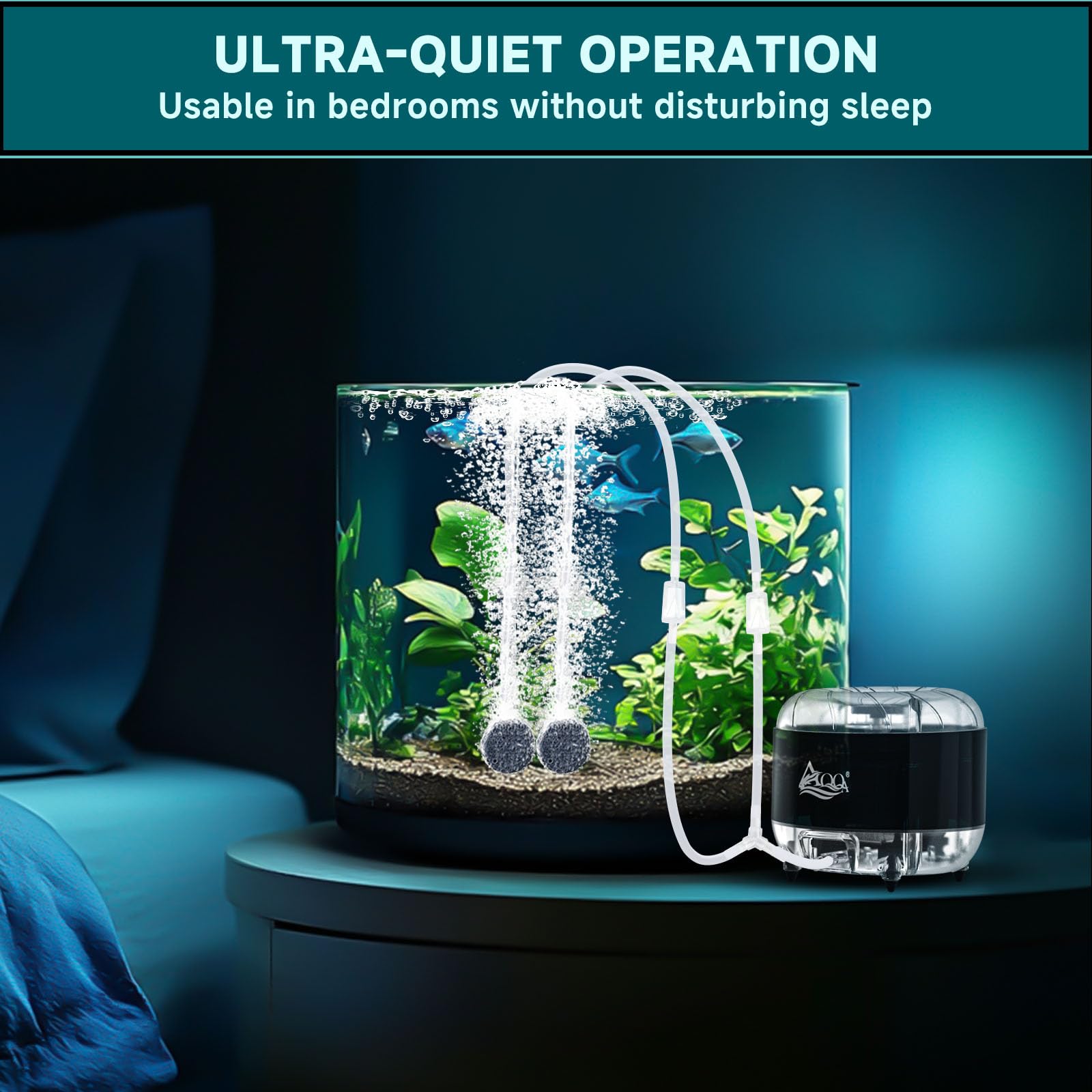 AQQA air stones and tubing included for immediate aquarium aeration.