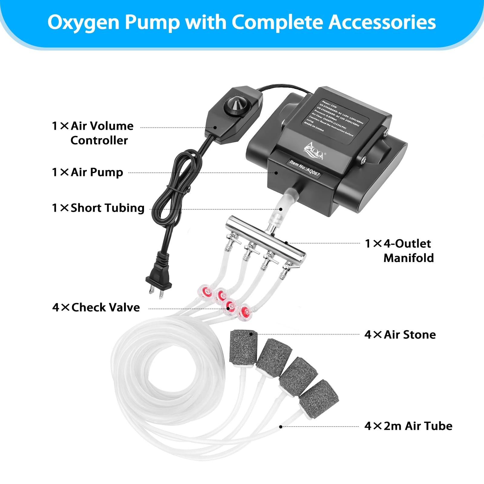 AQQA aquarium air pump four-outlet manifold enables multi-tank aeration.
