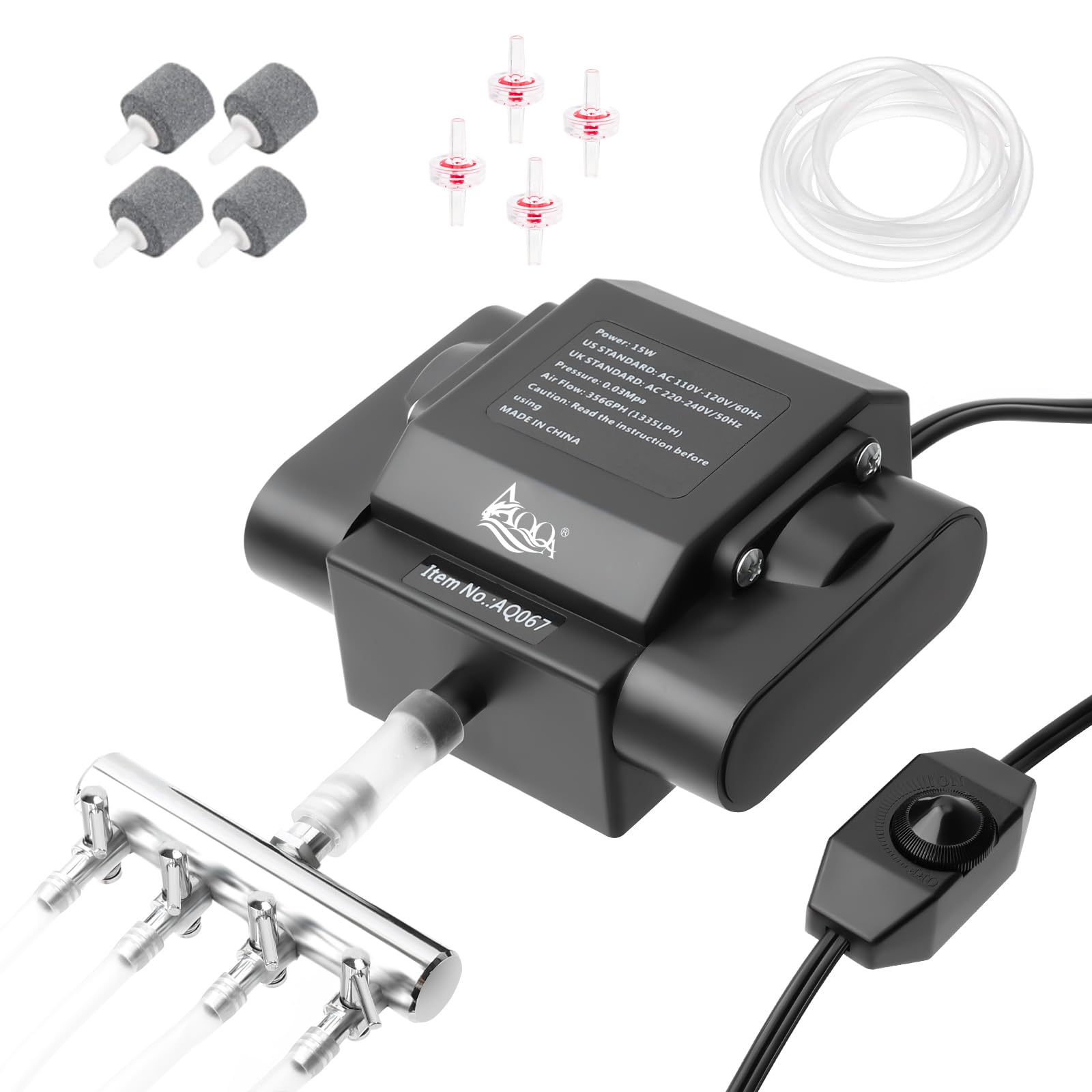 AQQA aquarium air pump front view demonstrates strong aeration for healthier fish and aquatic plants.